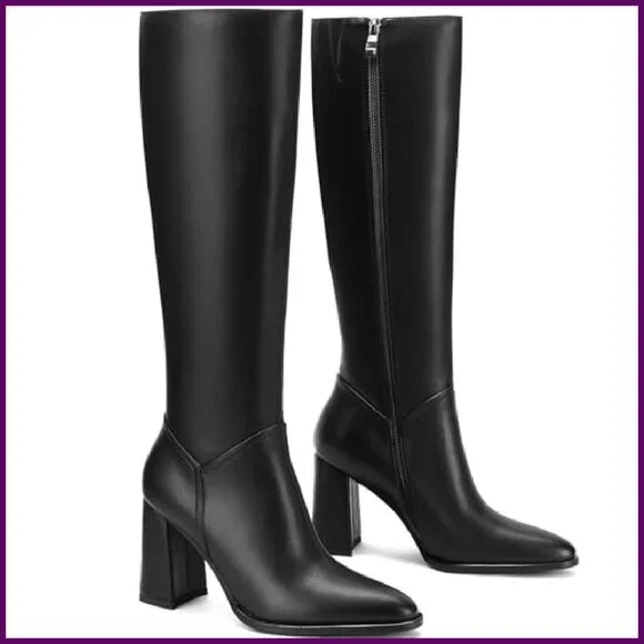 Knee High Boots Chunky Heel Pointed Toe Side Zipper Tall Boots